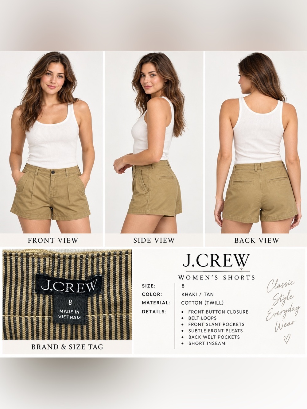 J.Crew Pleated Heritage Chino Shorts Women’s 8 Khaki 3” Inseam Stretch NWT